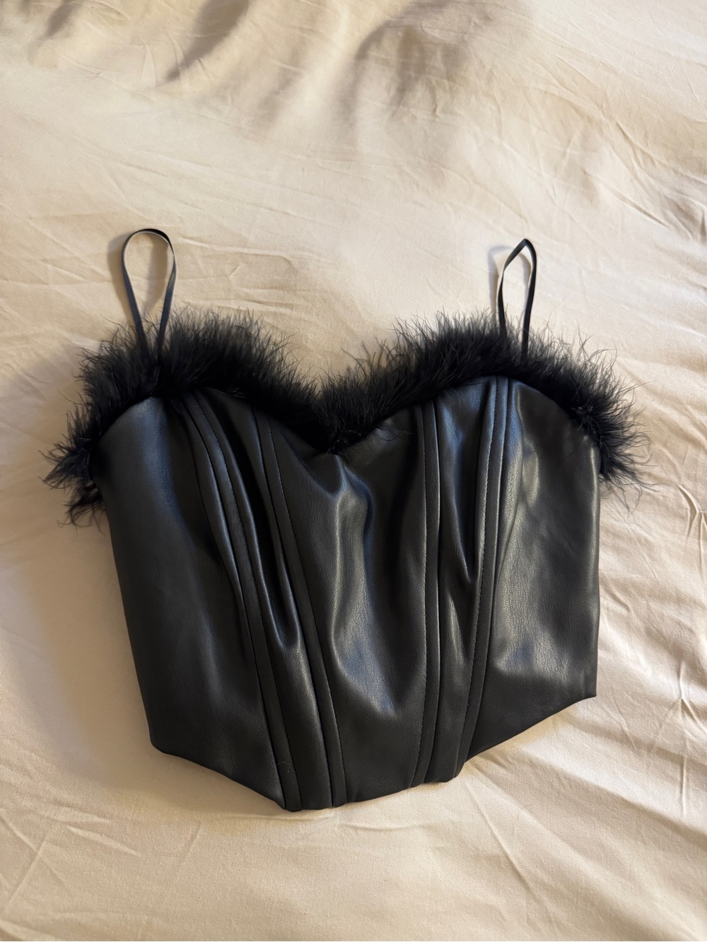 Black Faux Leather Feather-Trim Corset Crop Top
